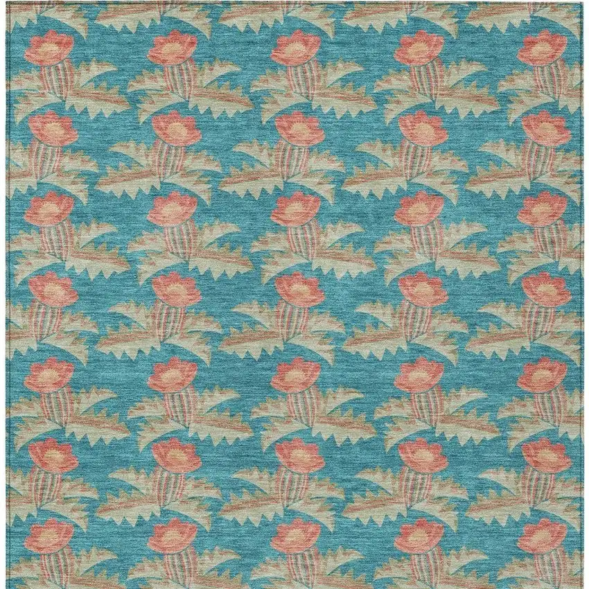 Turquoise And Brown Floral Washable Indoor Outdoor Area Rug Photo 4