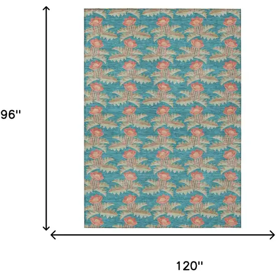 Turquoise And Brown Floral Washable Indoor Outdoor Area Rug Photo 9