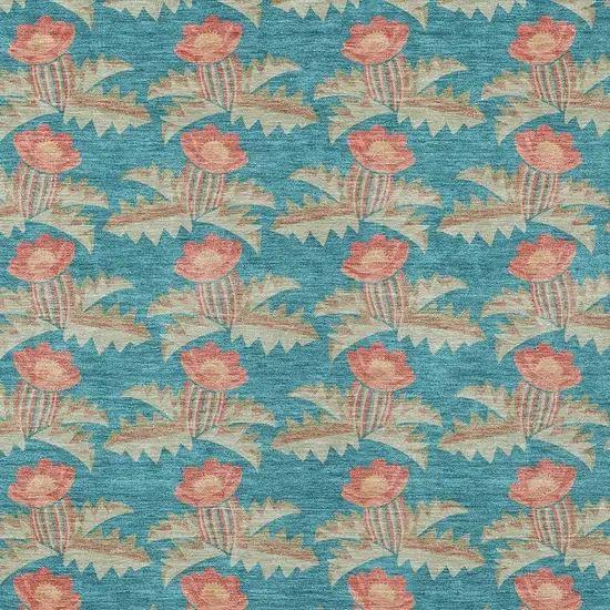 Turquoise And Brown Floral Washable Indoor Outdoor Area Rug Photo 5