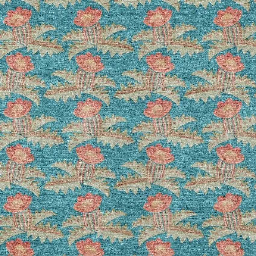 Turquoise And Brown Floral Washable Indoor Outdoor Area Rug Photo 5