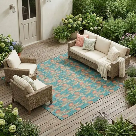 Turquoise And Brown Floral Washable Indoor Outdoor Area Rug Photo 1
