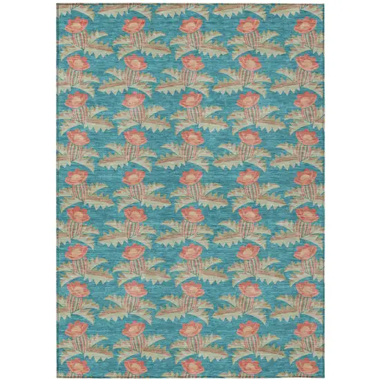 Turquoise And Brown Floral Washable Indoor Outdoor Area Rug Photo 2
