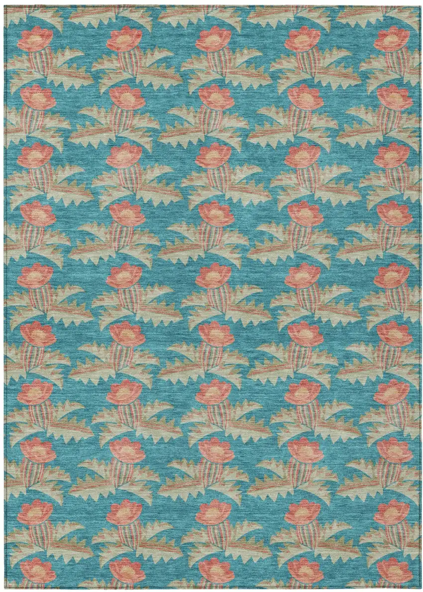 Turquoise And Brown Floral Washable Indoor Outdoor Area Rug Photo 2