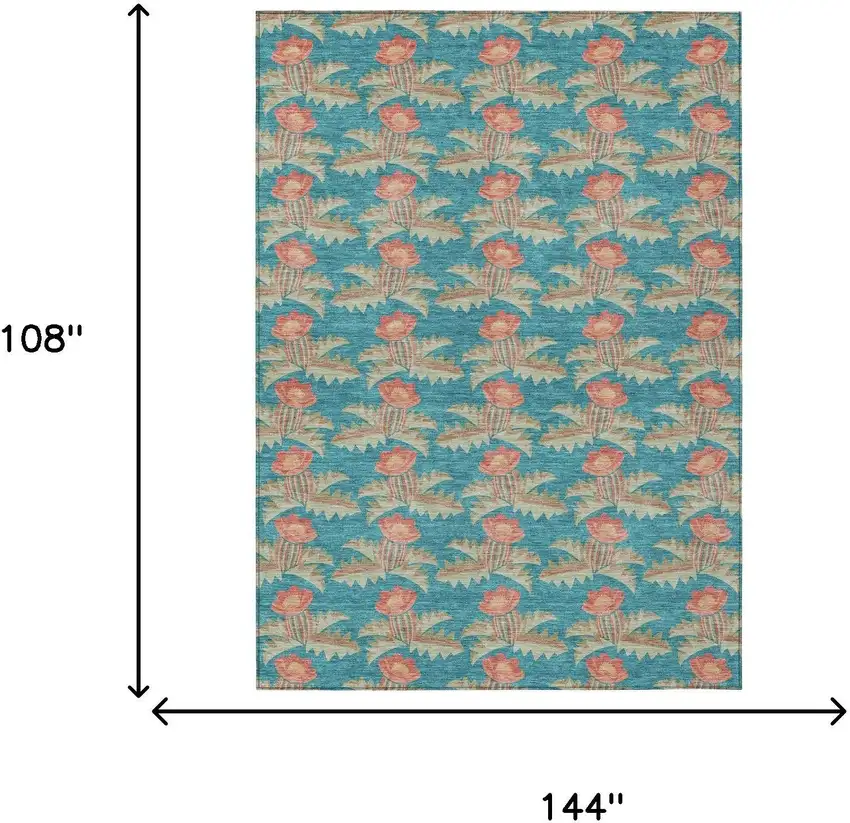 Turquoise And Brown Floral Washable Indoor Outdoor Area Rug Photo 9