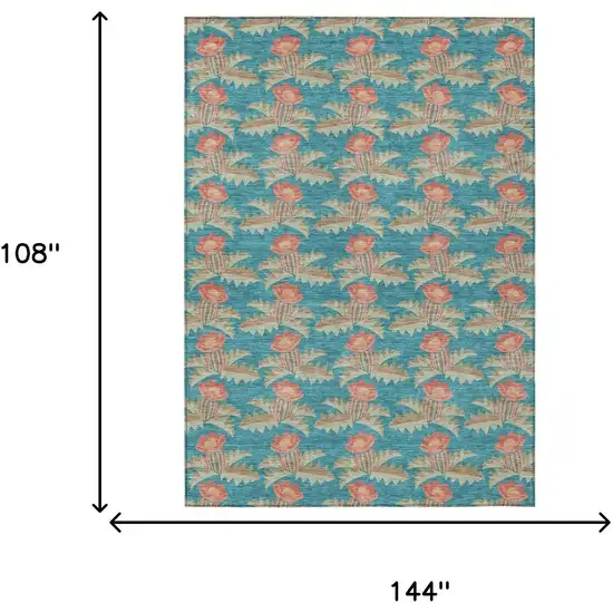 Turquoise And Brown Floral Washable Indoor Outdoor Area Rug Photo 9