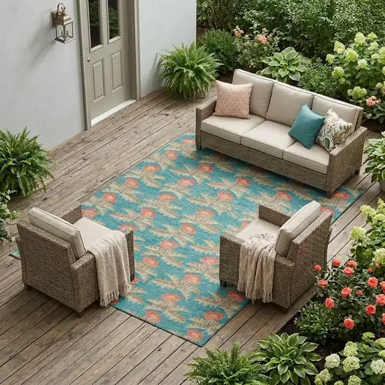 Turquoise And Brown Floral Washable Indoor Outdoor Area Rug Photo 1