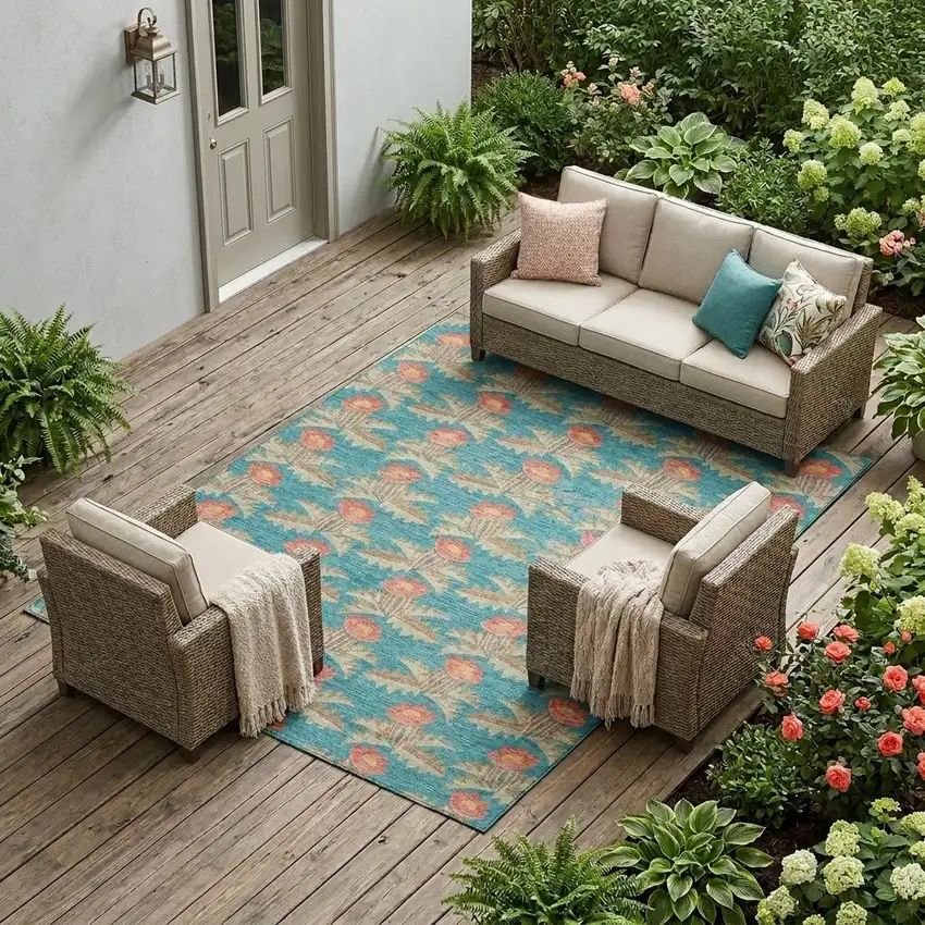 Turquoise And Brown Floral Washable Indoor Outdoor Area Rug Photo 1