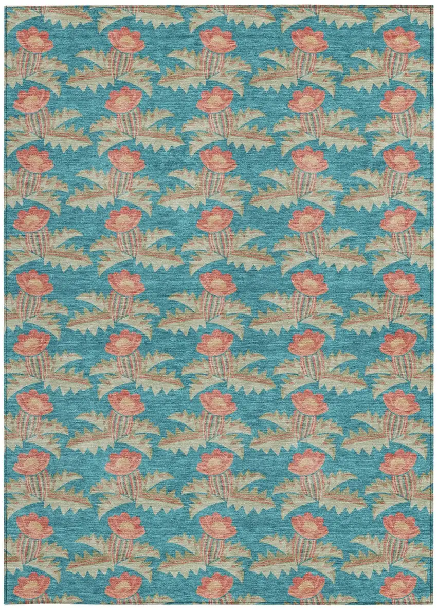 Turquoise And Brown Floral Washable Indoor Outdoor Area Rug Photo 4