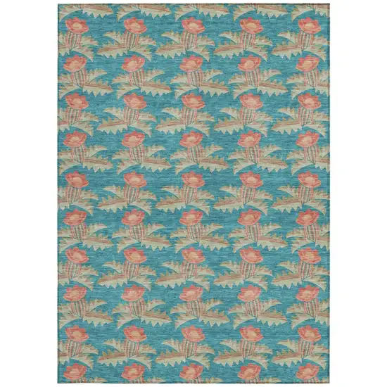 Turquoise And Brown Floral Washable Indoor Outdoor Area Rug Photo 4