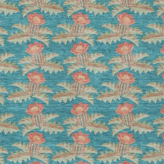 Turquoise And Brown Floral Washable Indoor Outdoor Area Rug Photo 5