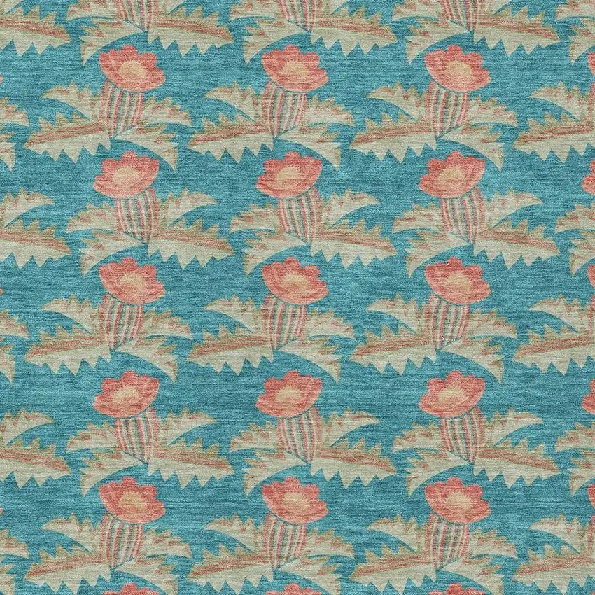 Turquoise And Brown Floral Washable Indoor Outdoor Area Rug Photo 5