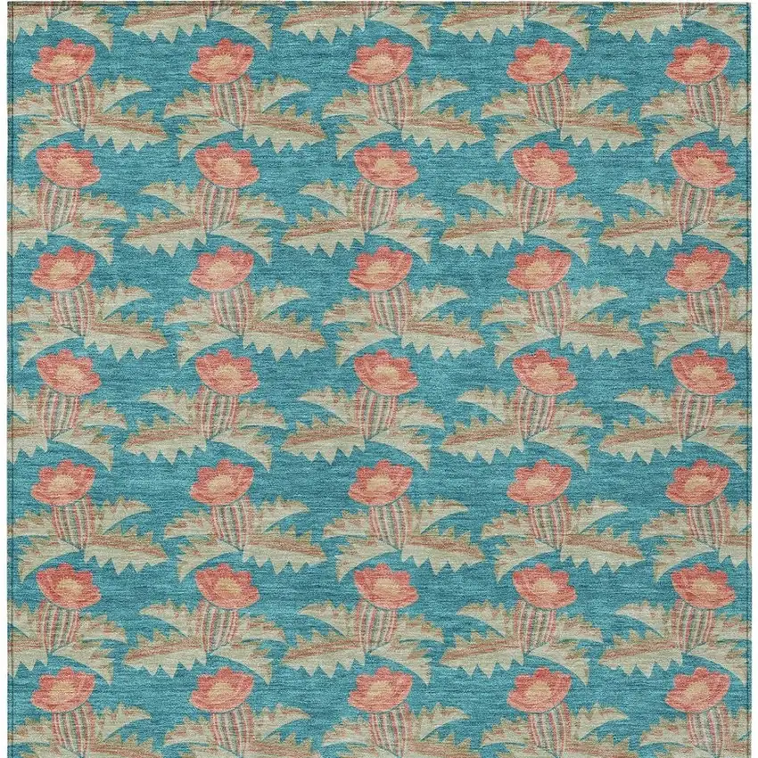Turquoise And Brown Floral Washable Indoor Outdoor Area Rug Photo 6