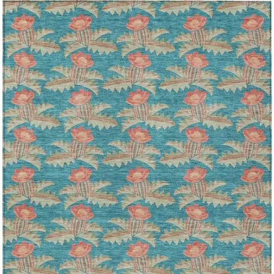 Turquoise And Brown Floral Washable Indoor Outdoor Area Rug Photo 6