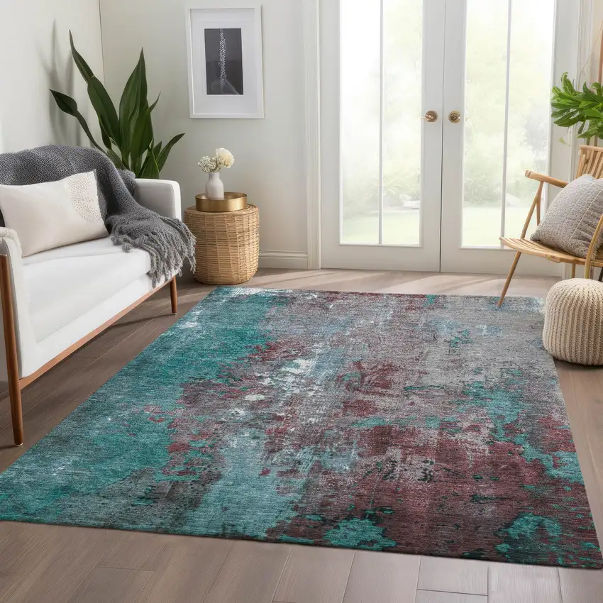 Turquoise And Burgundy Abstract Washable Indoor Outdoor Area Rug Photo 6