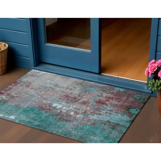 Turquoise And Burgundy Abstract Washable Indoor Outdoor Area Rug Photo 2