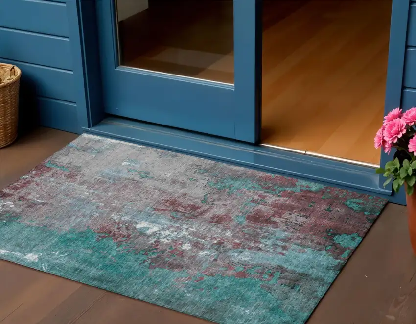 Turquoise And Burgundy Abstract Washable Indoor Outdoor Area Rug Photo 2