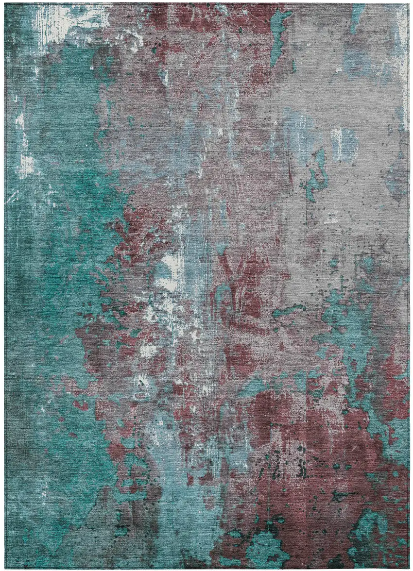 Turquoise And Burgundy Abstract Washable Indoor Outdoor Area Rug Photo 3