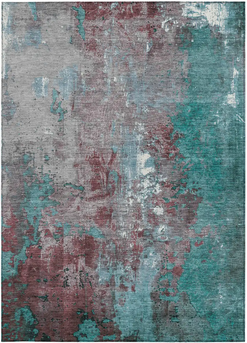 Turquoise And Burgundy Abstract Washable Indoor Outdoor Area Rug Photo 1