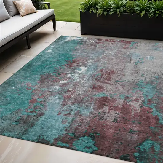 Turquoise And Burgundy Abstract Washable Indoor Outdoor Area Rug Photo 2