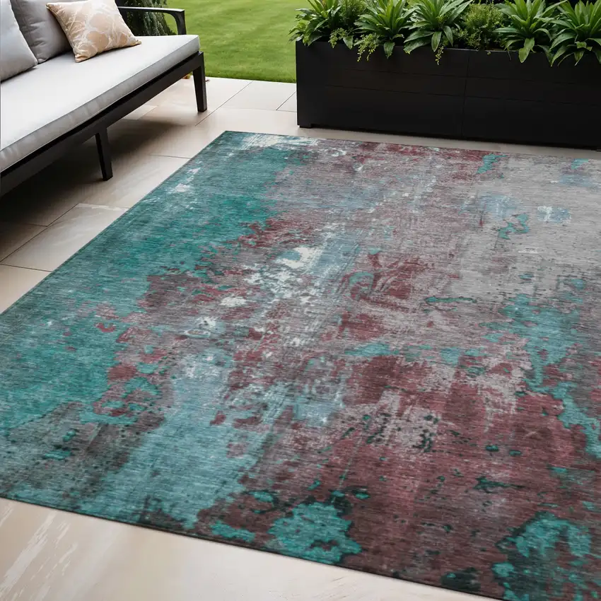 Turquoise And Burgundy Abstract Washable Indoor Outdoor Area Rug Photo 2