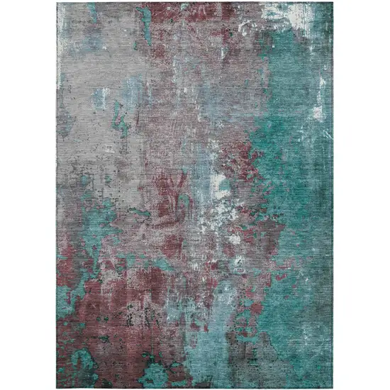 Turquoise And Burgundy Abstract Washable Indoor Outdoor Area Rug Photo 1