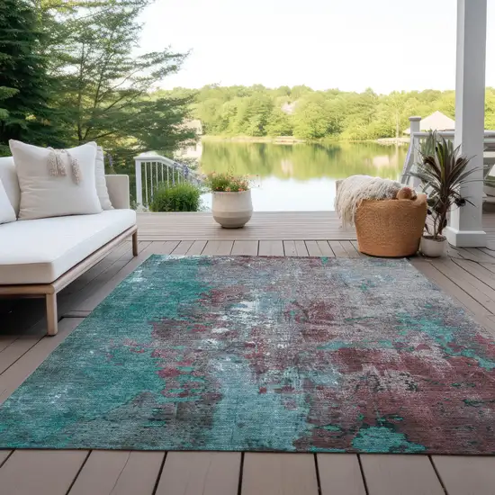 Turquoise And Burgundy Abstract Washable Indoor Outdoor Area Rug Photo 4