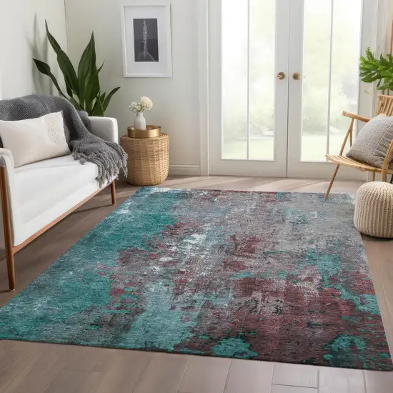 Turquoise And Burgundy Abstract Washable Indoor Outdoor Area Rug Photo 7
