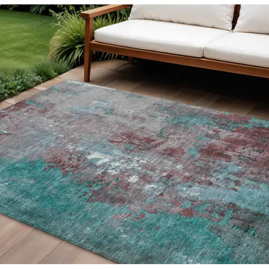 Turquoise And Burgundy Abstract Washable Indoor Outdoor Area Rug Photo 2