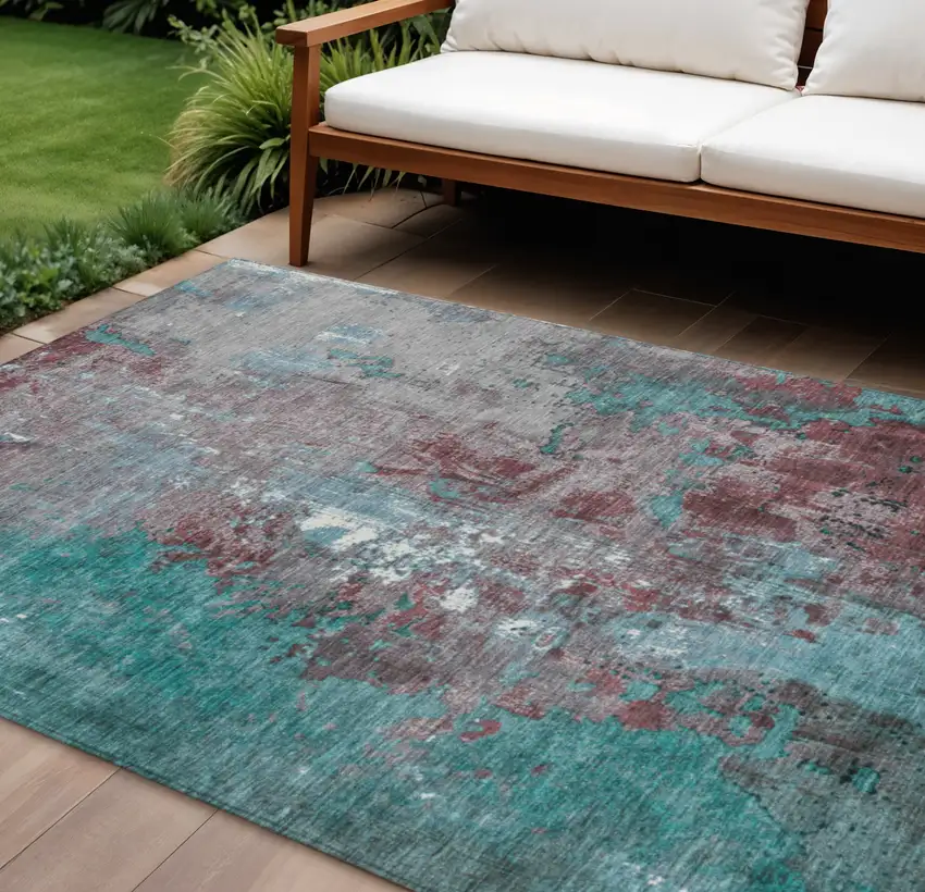 Turquoise And Burgundy Abstract Washable Indoor Outdoor Area Rug Photo 2