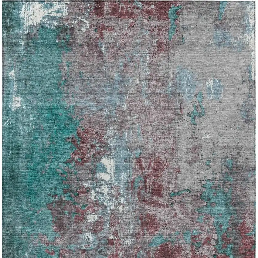Turquoise And Burgundy Abstract Washable Indoor Outdoor Area Rug Photo 4