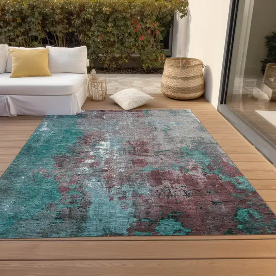 Turquoise And Burgundy Abstract Washable Indoor Outdoor Area Rug Photo 8