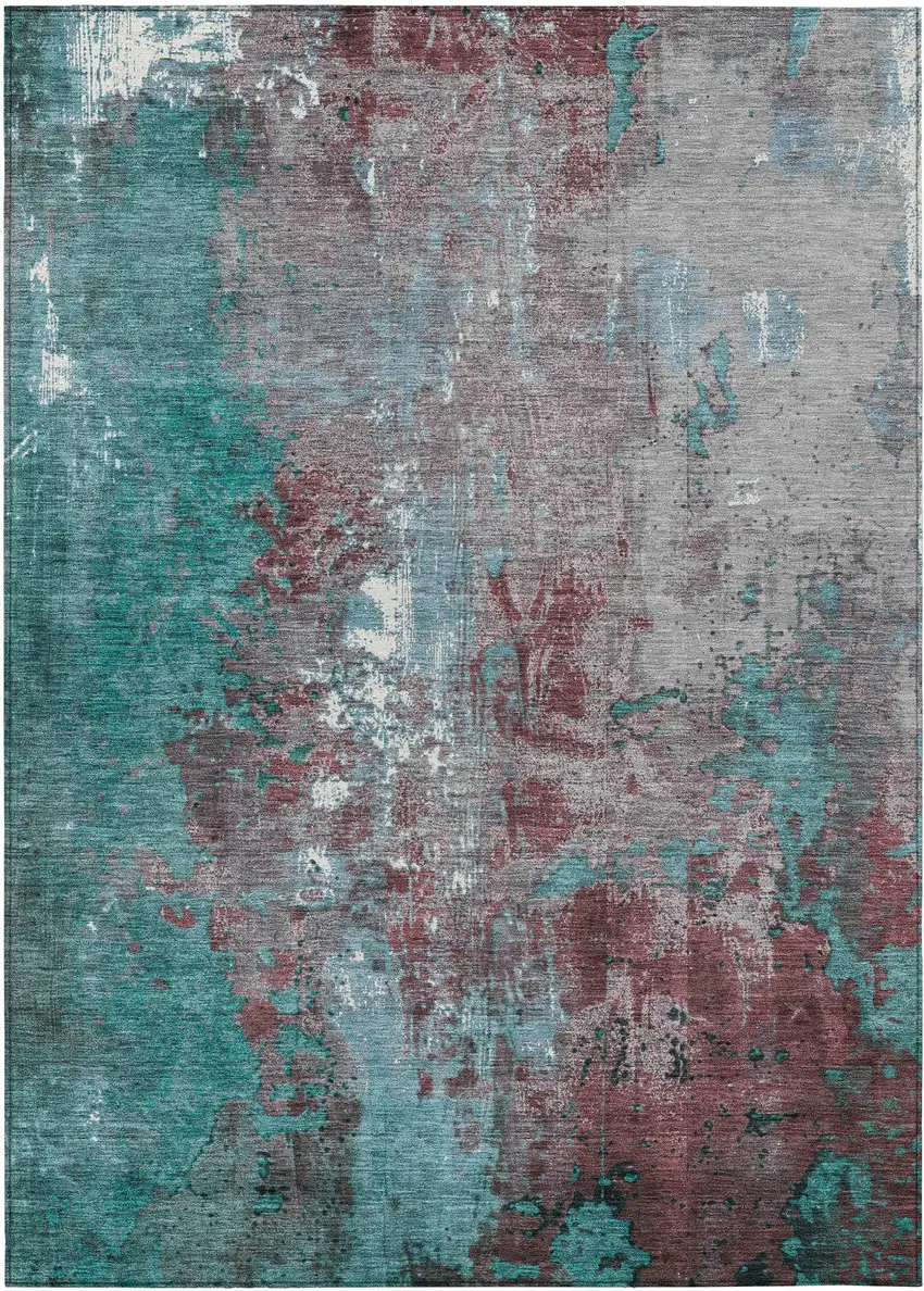 Turquoise And Burgundy Abstract Washable Indoor Outdoor Area Rug Photo 1