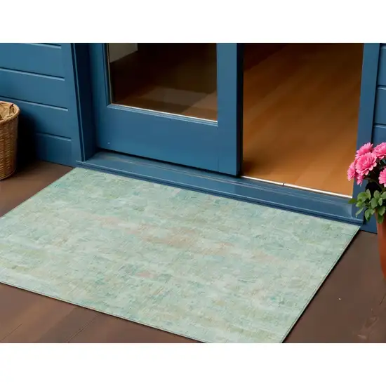 Turquoise And Copper Abstract Washable Indoor Outdoor Area Rug Photo 1