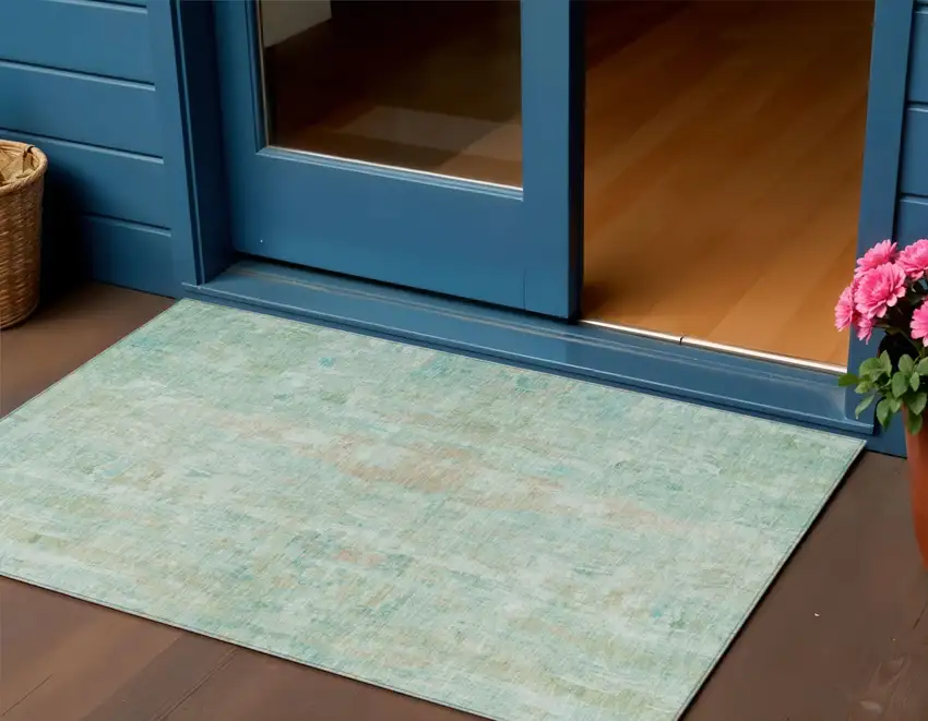 Turquoise And Copper Abstract Washable Indoor Outdoor Area Rug Photo 1