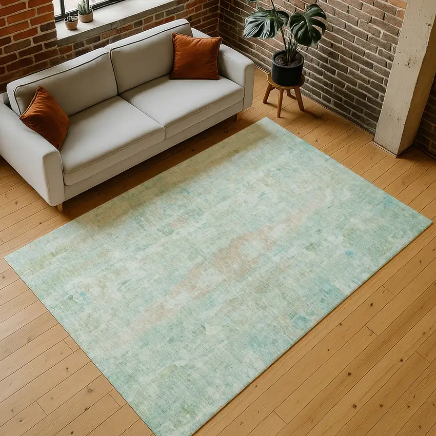 Turquoise And Copper Abstract Washable Indoor Outdoor Area Rug Photo 9
