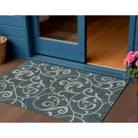 Turquoise And Cream Floral Indoor Outdoor Area Rug Photo 1