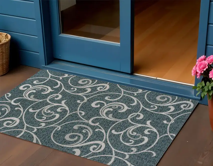 Turquoise And Cream Floral Indoor Outdoor Area Rug Photo 1