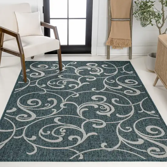 Turquoise And Cream Floral Indoor Outdoor Area Rug Photo 7
