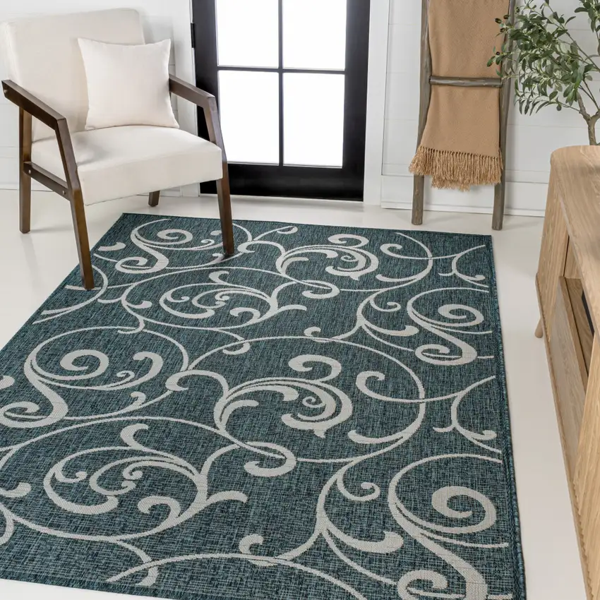 Turquoise And Cream Floral Indoor Outdoor Area Rug Photo 5