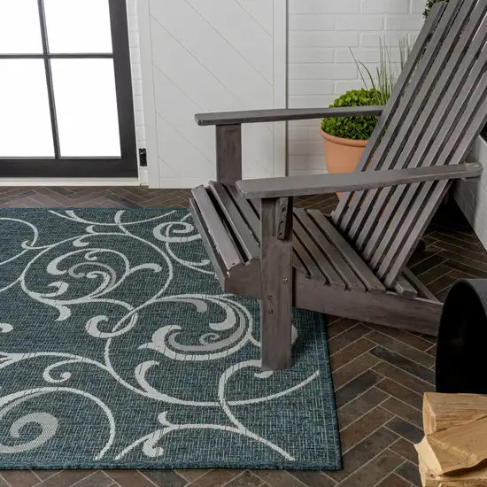 Turquoise And Cream Floral Indoor Outdoor Area Rug Photo 9