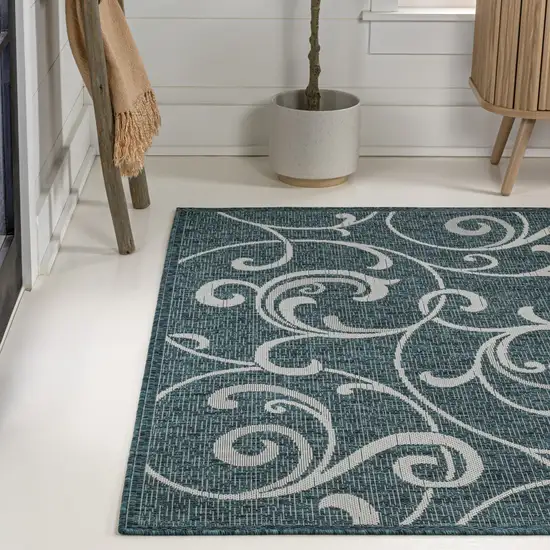 Turquoise And Cream Floral Indoor Outdoor Area Rug Photo 6