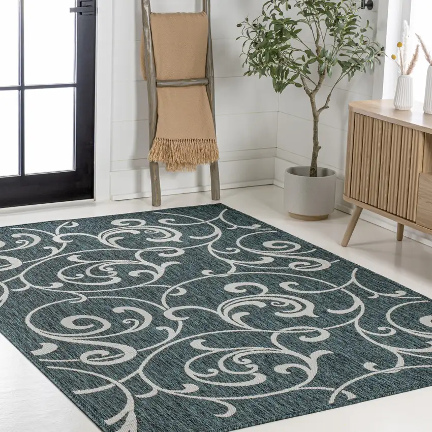 Turquoise And Cream Floral Indoor Outdoor Area Rug Photo 8