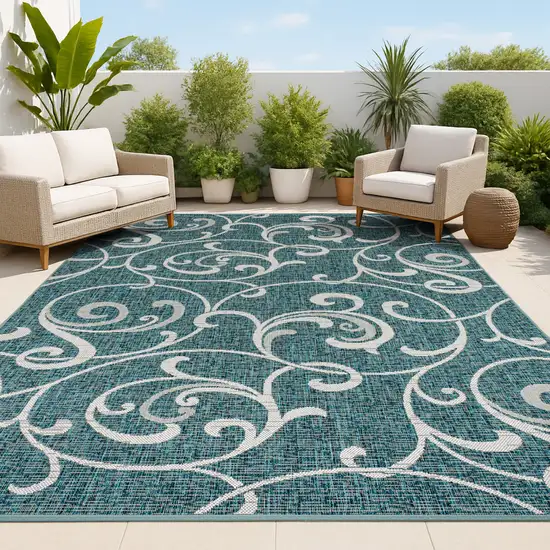 Turquoise And Cream Floral Indoor Outdoor Area Rug Photo 4