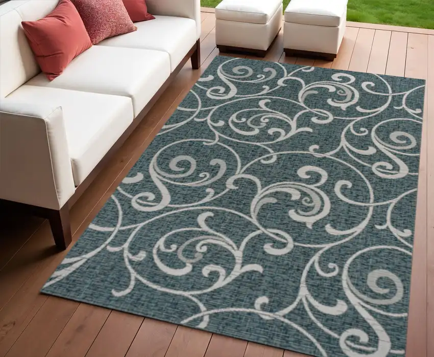 Turquoise And Cream Floral Indoor Outdoor Area Rug Photo 1