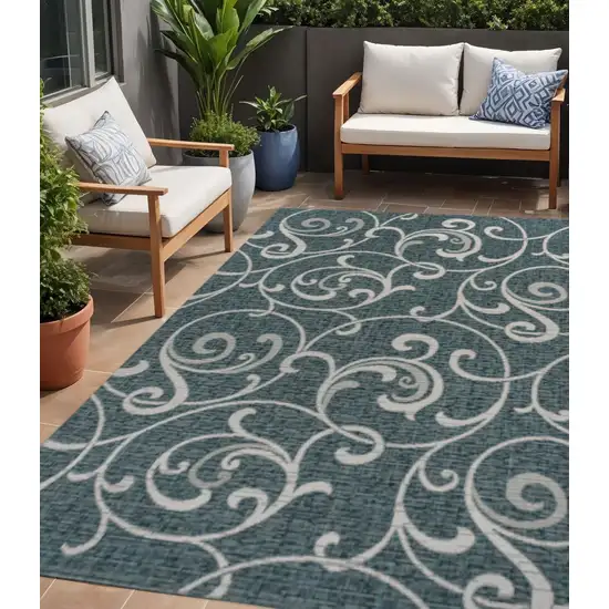 Turquoise And Cream Floral Indoor Outdoor Area Rug Photo 1