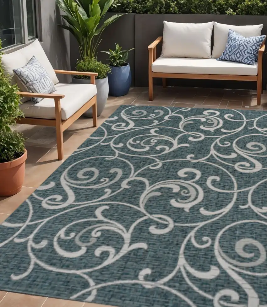 Turquoise And Cream Floral Indoor Outdoor Area Rug Photo 1