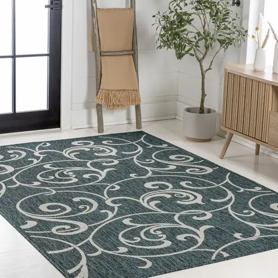 Turquoise And Cream Floral Indoor Outdoor Area Rug Photo 8