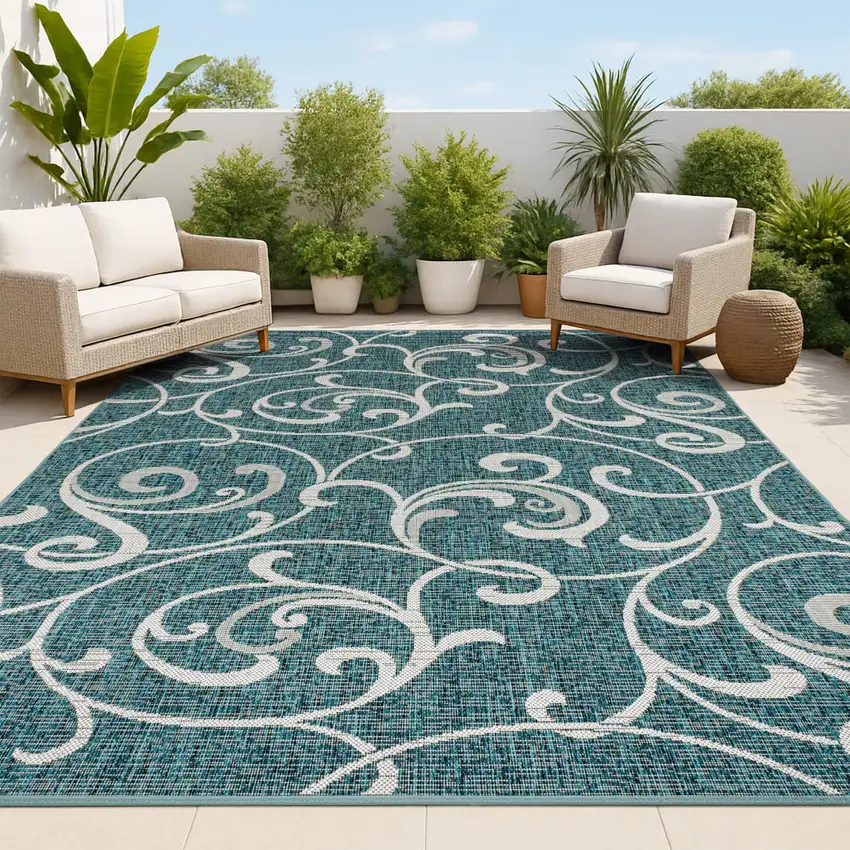 Turquoise And Cream Floral Indoor Outdoor Area Rug Photo 4