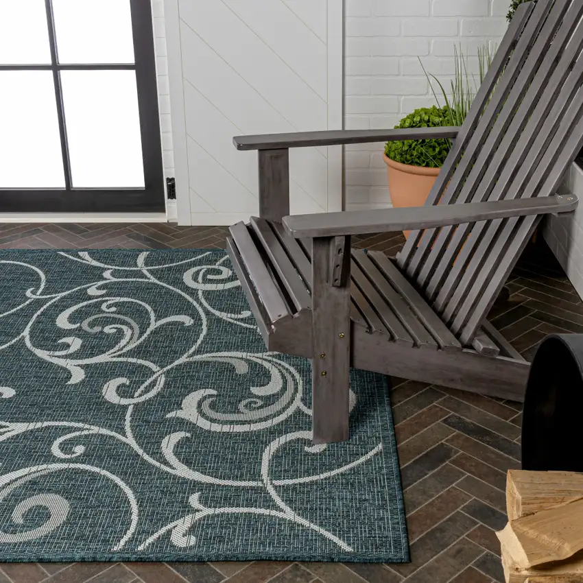Turquoise And Cream Floral Indoor Outdoor Area Rug Photo 9