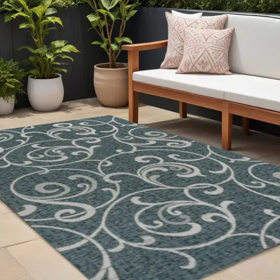 Turquoise And Cream Floral Indoor Outdoor Area Rug Photo 1